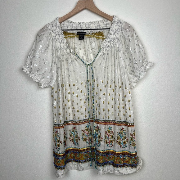 Boston Proper Tops - Boston Proper Blouse Womens Large Multicolor Peasant Beaded Bohemian Tie Front